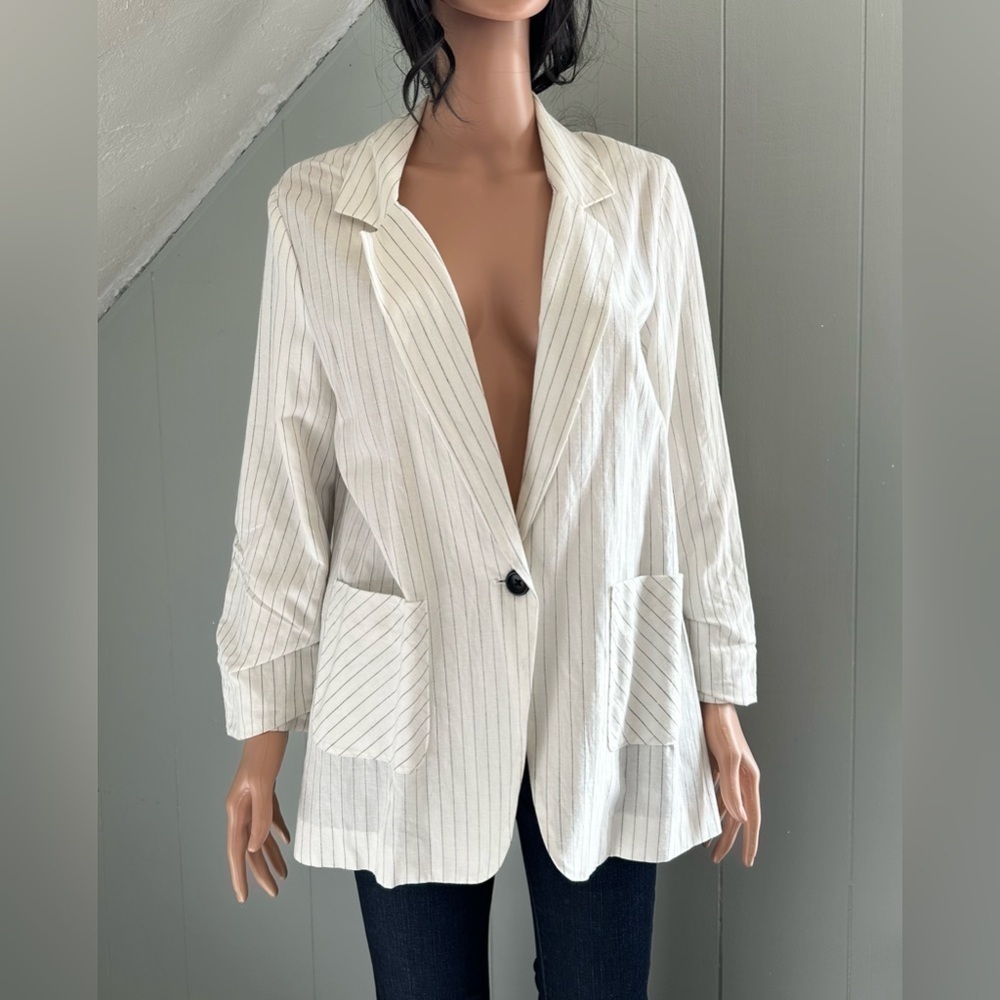 Drew Narrow Stripe Linen Blend Blazer White Lightweight Jacket Medium NWT - Picture 4 of 10
